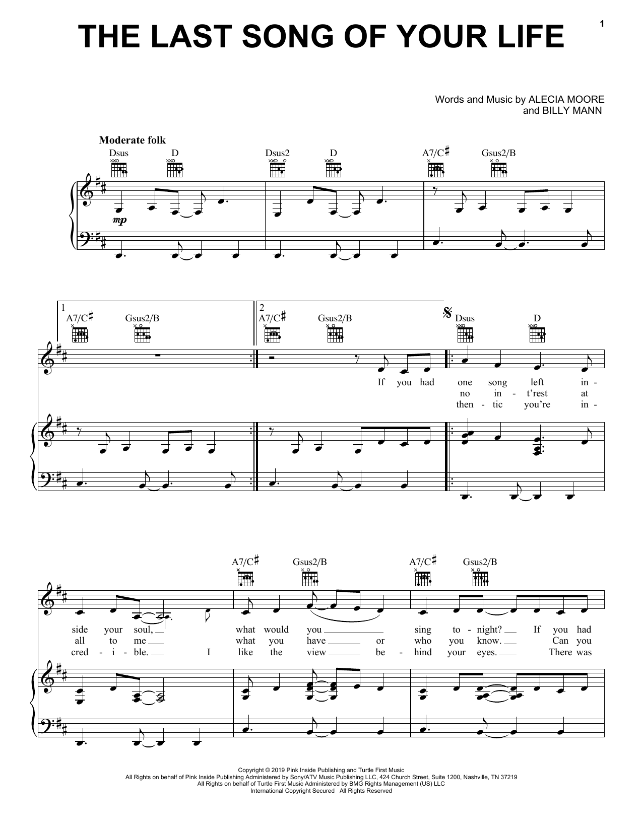 Pink The Last Song Of Your Life sheet music notes and chords arranged for Piano, Vocal & Guitar Chords (Right-Hand Melody)