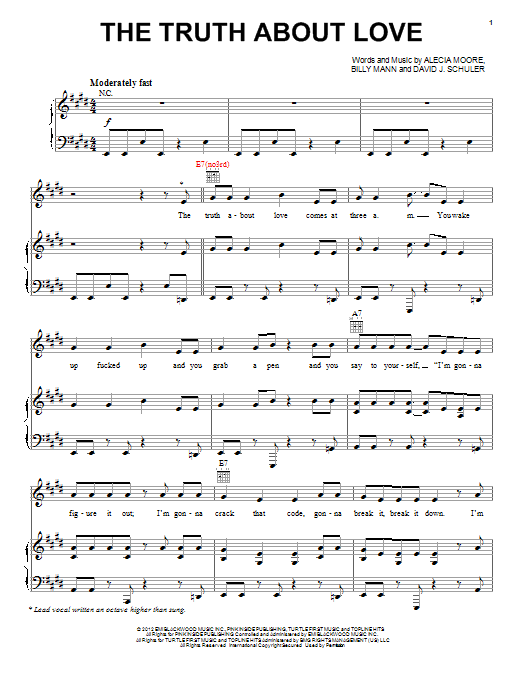 Pink The Truth About Love sheet music notes and chords arranged for Piano, Vocal & Guitar Chords (Right-Hand Melody)