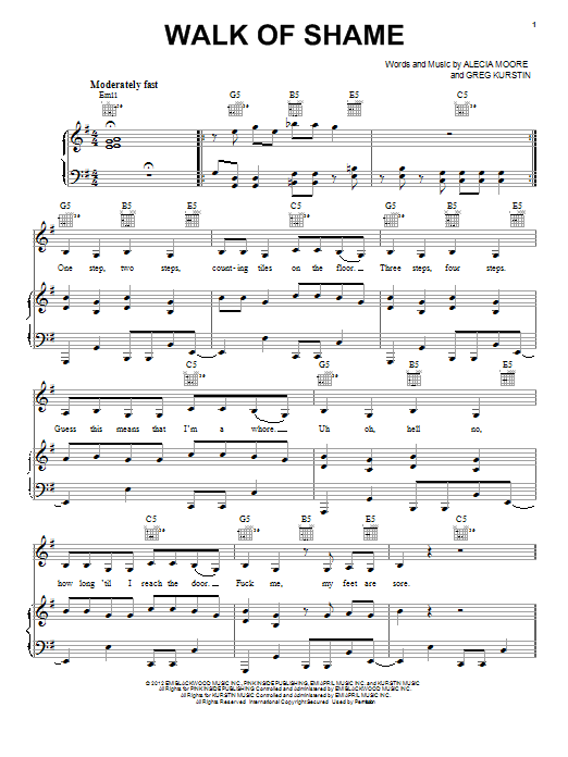 Pink Walk Of Shame sheet music notes and chords arranged for Piano, Vocal & Guitar Chords (Right-Hand Melody)