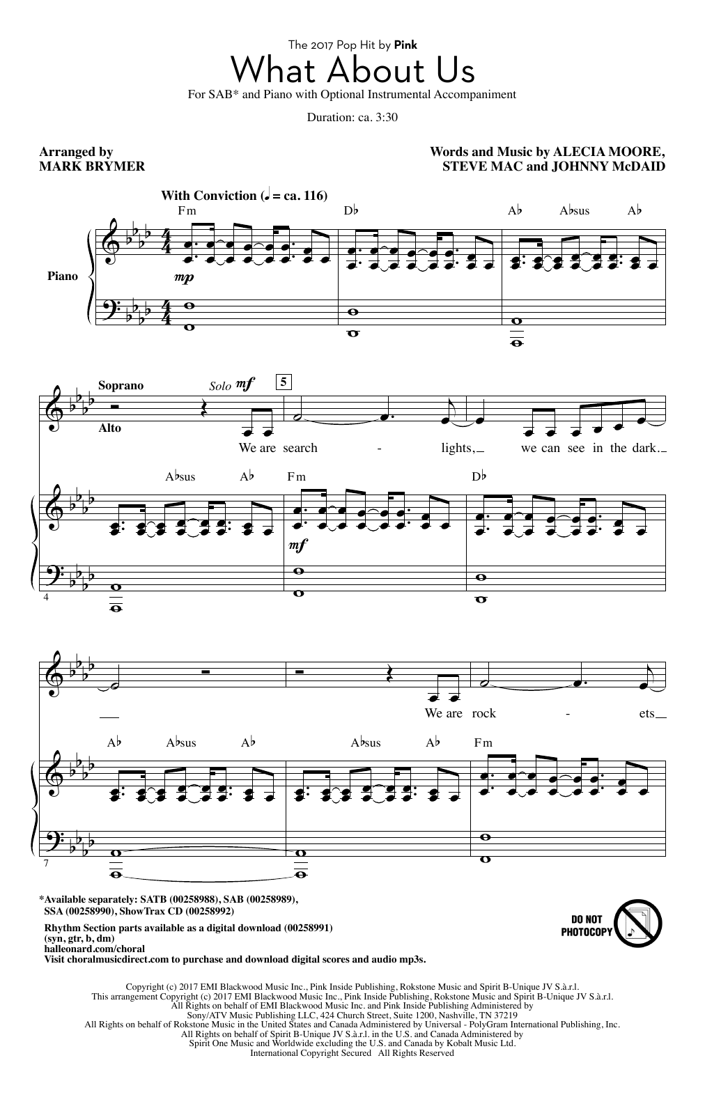 Pink What About Us (arr. Mark Brymer) sheet music notes and chords arranged for SSA Choir
