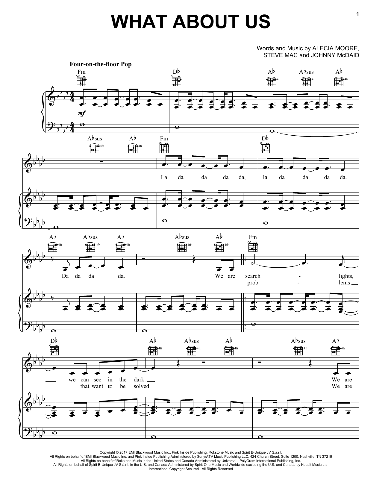 Pink What About Us sheet music notes and chords arranged for Big Note Piano