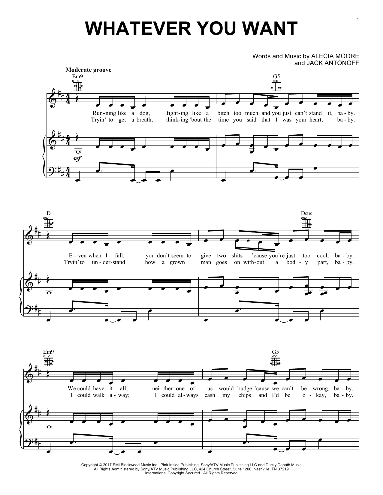 Pink Whatever You Want sheet music notes and chords arranged for Piano, Vocal & Guitar Chords (Right-Hand Melody)