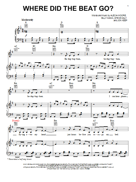 Pink Where Did The Beat Go? sheet music notes and chords arranged for Piano, Vocal & Guitar Chords (Right-Hand Melody)