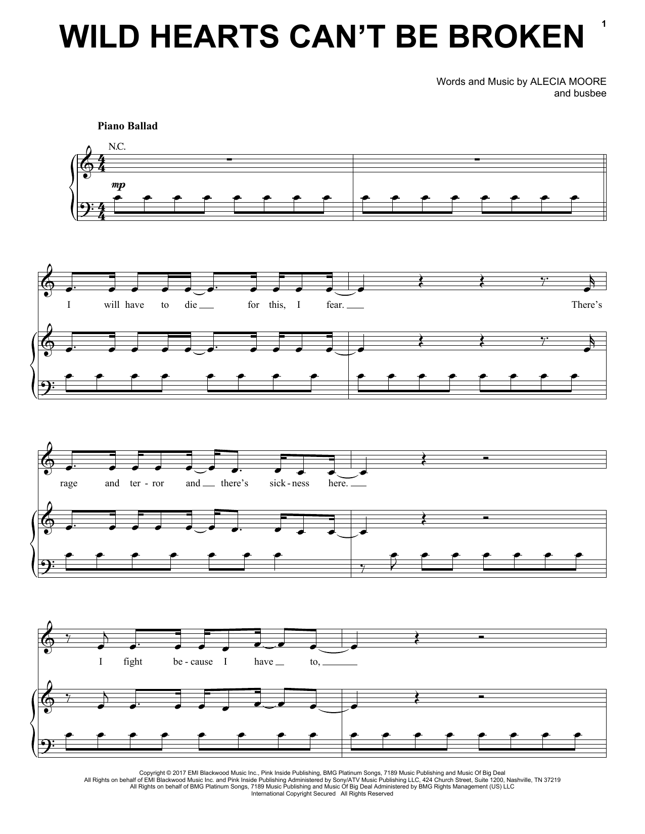 Pink Wild Hearts Can't Be Broken sheet music notes and chords arranged for Piano, Vocal & Guitar Chords (Right-Hand Melody)
