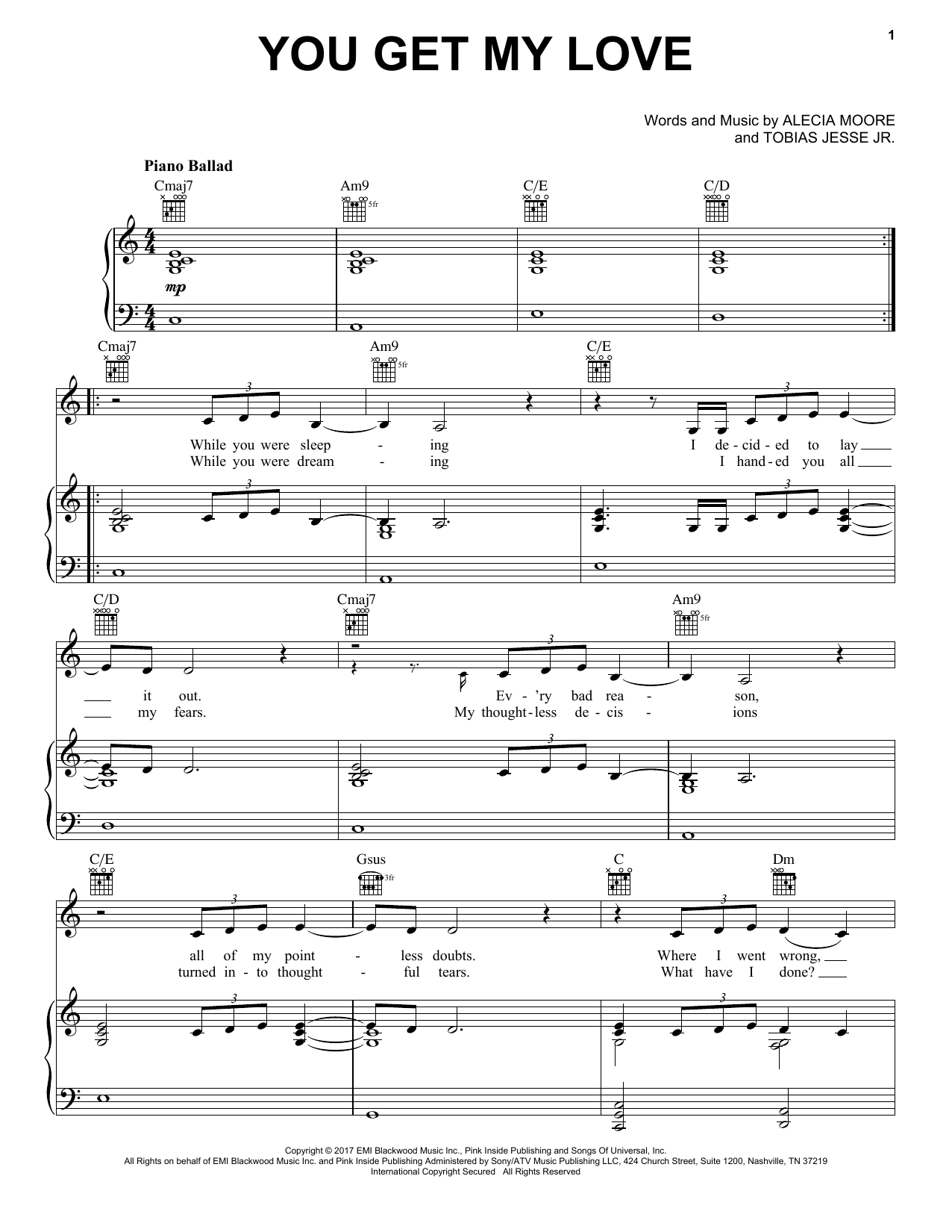 Pink You Get My Love sheet music notes and chords arranged for Piano, Vocal & Guitar Chords (Right-Hand Melody)