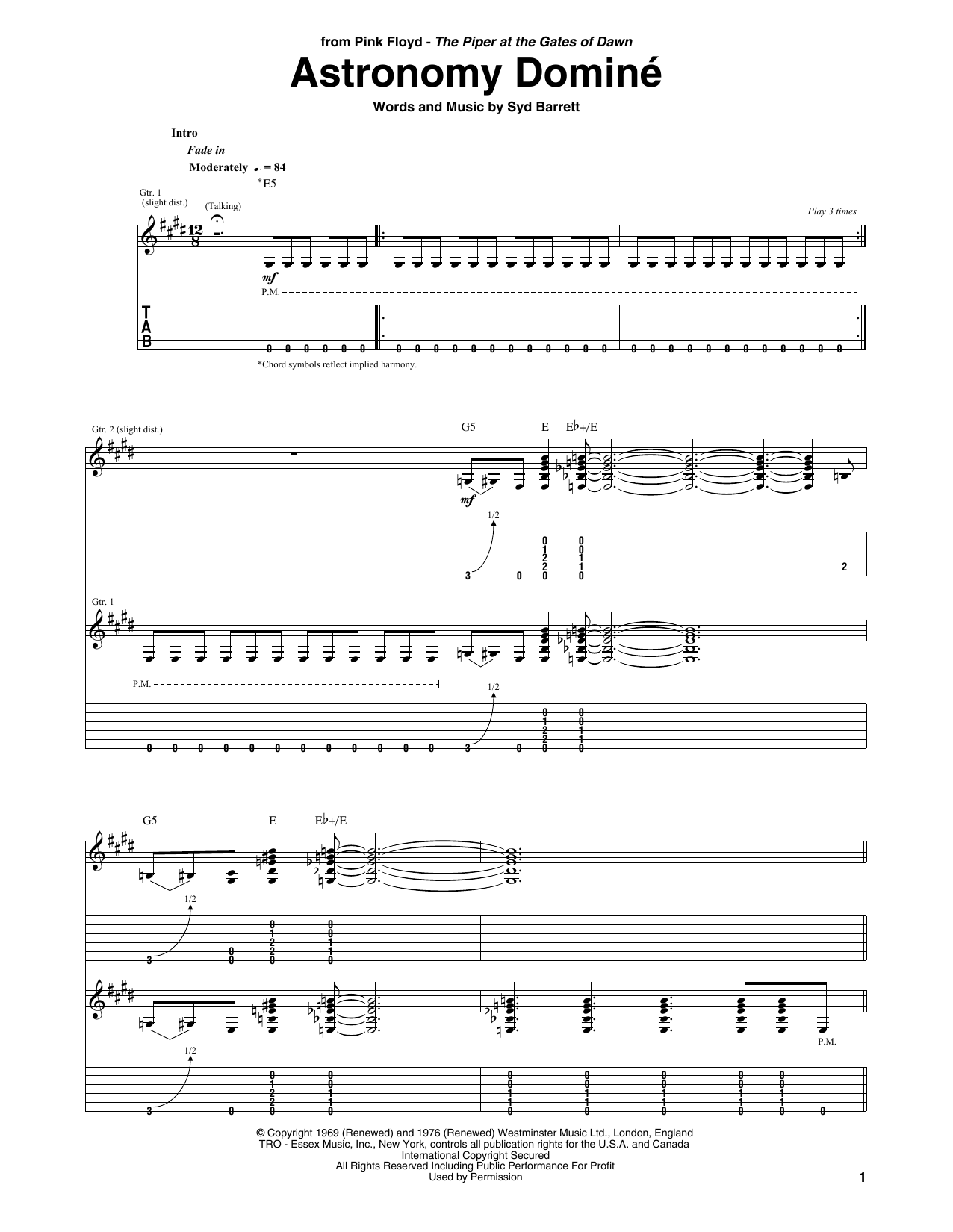 Pink Floyd Astronomy Domine sheet music notes and chords arranged for Guitar Chords/Lyrics