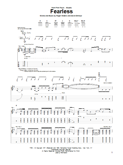 Pink Floyd Fearless sheet music notes and chords arranged for Guitar Tab