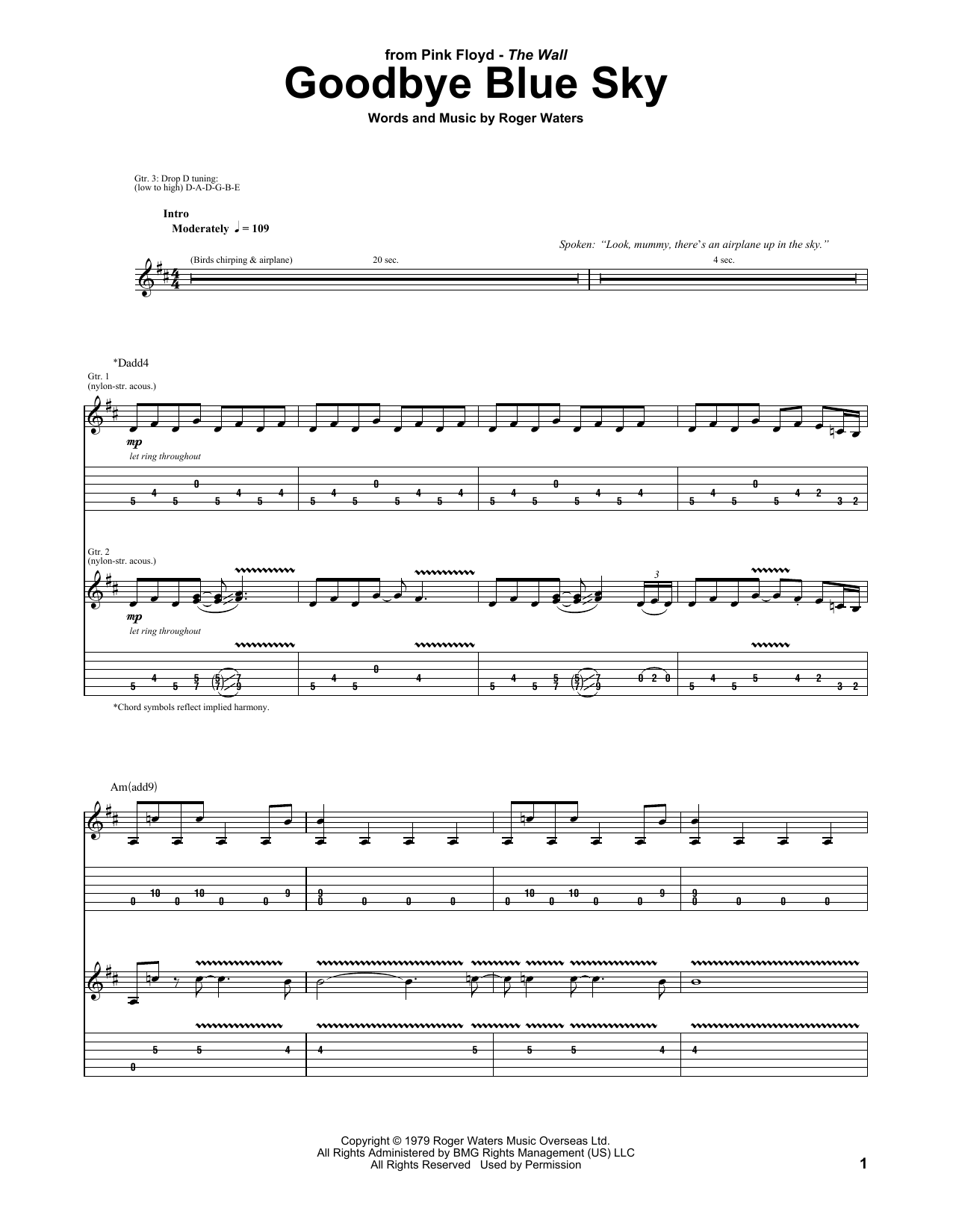 Pink Floyd Goodbye Blue Sky sheet music notes and chords arranged for Guitar Chords/Lyrics
