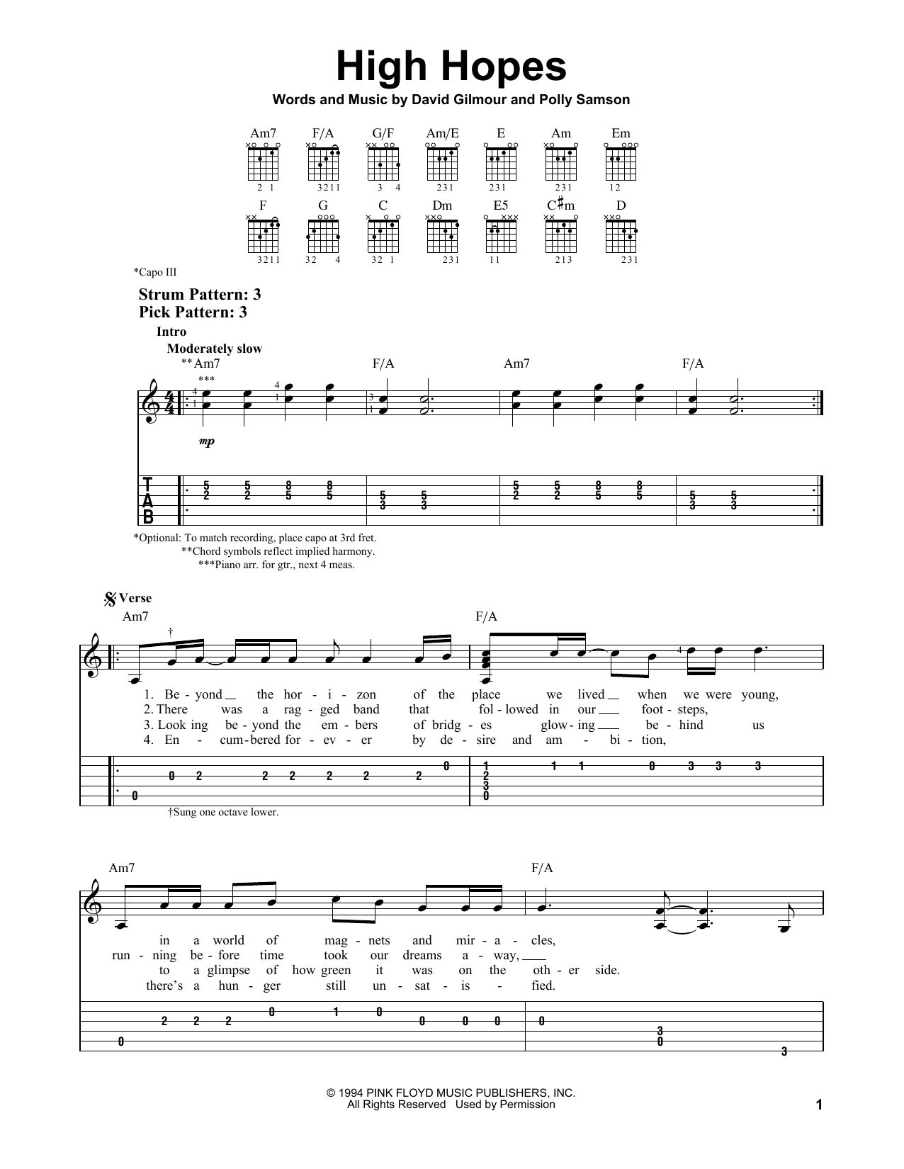 Pink Floyd High Hopes sheet music notes and chords arranged for Easy Guitar Tab