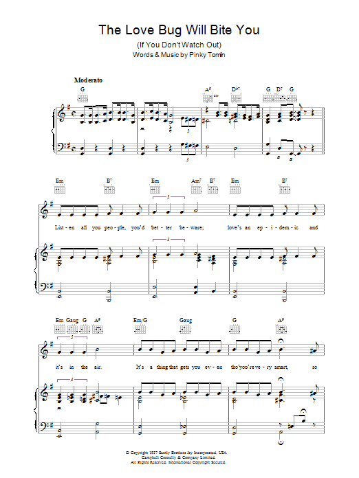 Pinky Tomlin The Love Bug Will Bite You (If You Don't Watch Out ) sheet music notes and chords arranged for Piano, Vocal & Guitar Chords