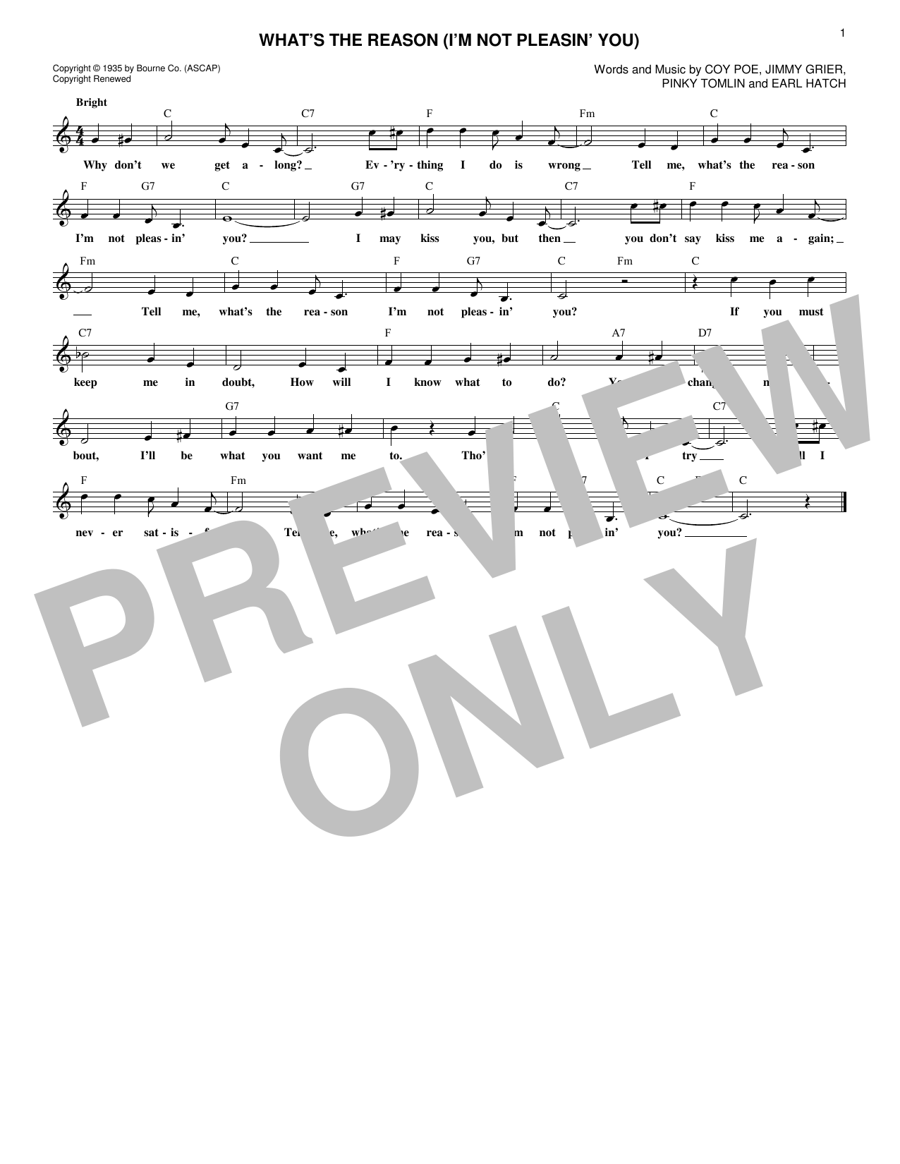 Pinky Tomlin What's The Reason (I'm Not Pleasin' You) sheet music notes and chords arranged for Lead Sheet / Fake Book