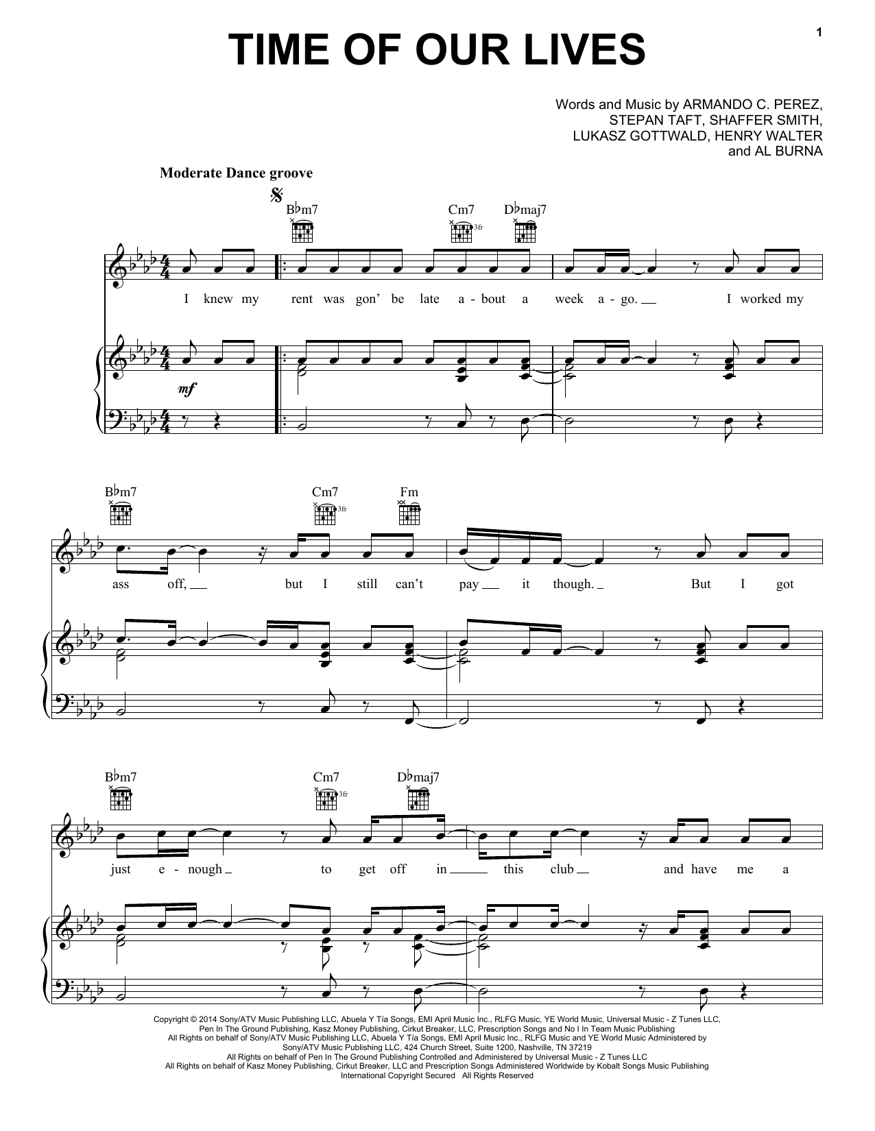 Pitbull & Ne-Yo Time Of Our Lives sheet music notes and chords arranged for Piano, Vocal & Guitar Chords (Right-Hand Melody)