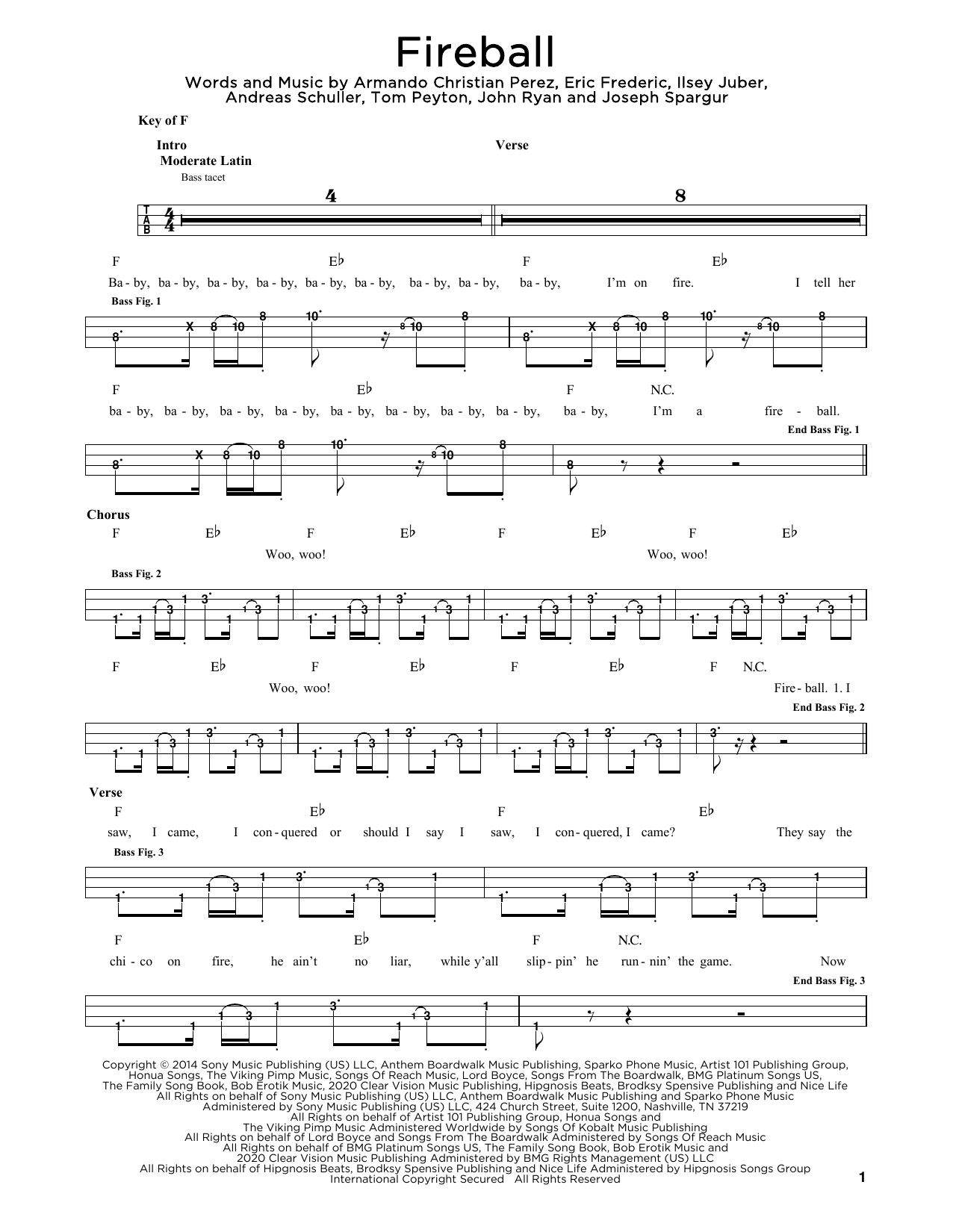 Pitbull feat. John Ryan Fireball sheet music notes and chords arranged for Easy Bass Tab