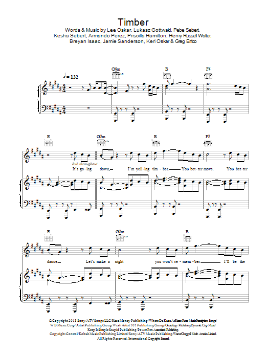 Pitbull feat. Kesha Timber sheet music notes and chords arranged for Piano, Vocal & Guitar Chords