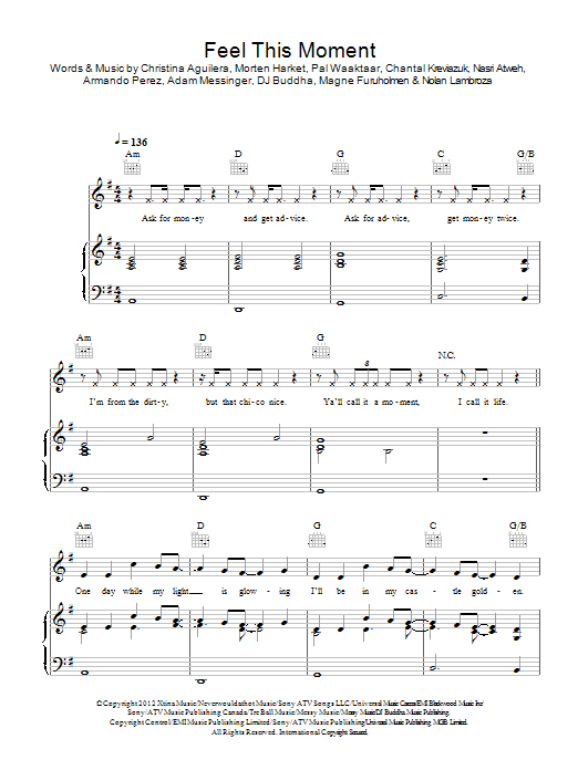Pitbull featuring Christina Aguilera Feel This Moment sheet music notes and chords arranged for Piano, Vocal & Guitar Chords