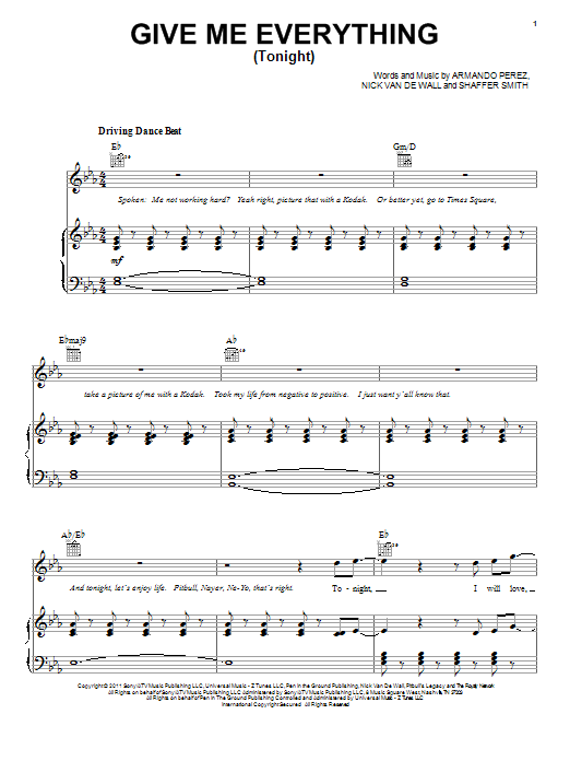 Pitbull featuring Ne-Yo Give Me Everything (Tonight) sheet music notes and chords arranged for Piano, Vocal & Guitar Chords