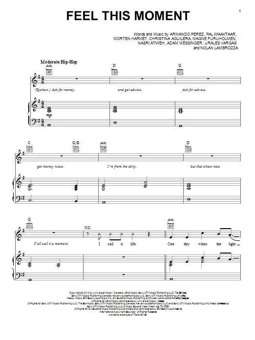 Pitbull Feel This Moment sheet music notes and chords arranged for Piano, Vocal & Guitar Chords (Right-Hand Melody)