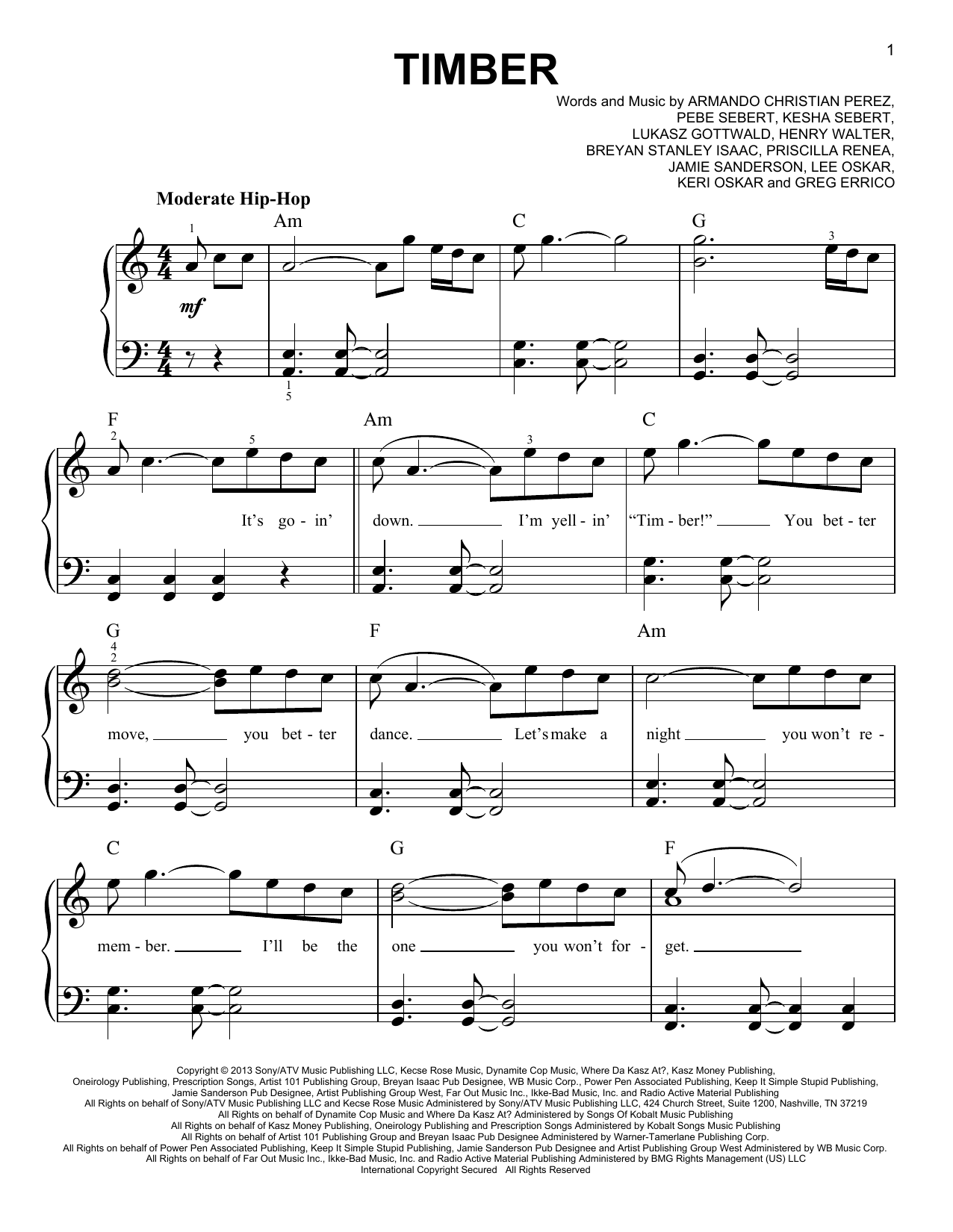 Pitbull Timber (feat. Ke$ha) sheet music notes and chords arranged for Easy Piano