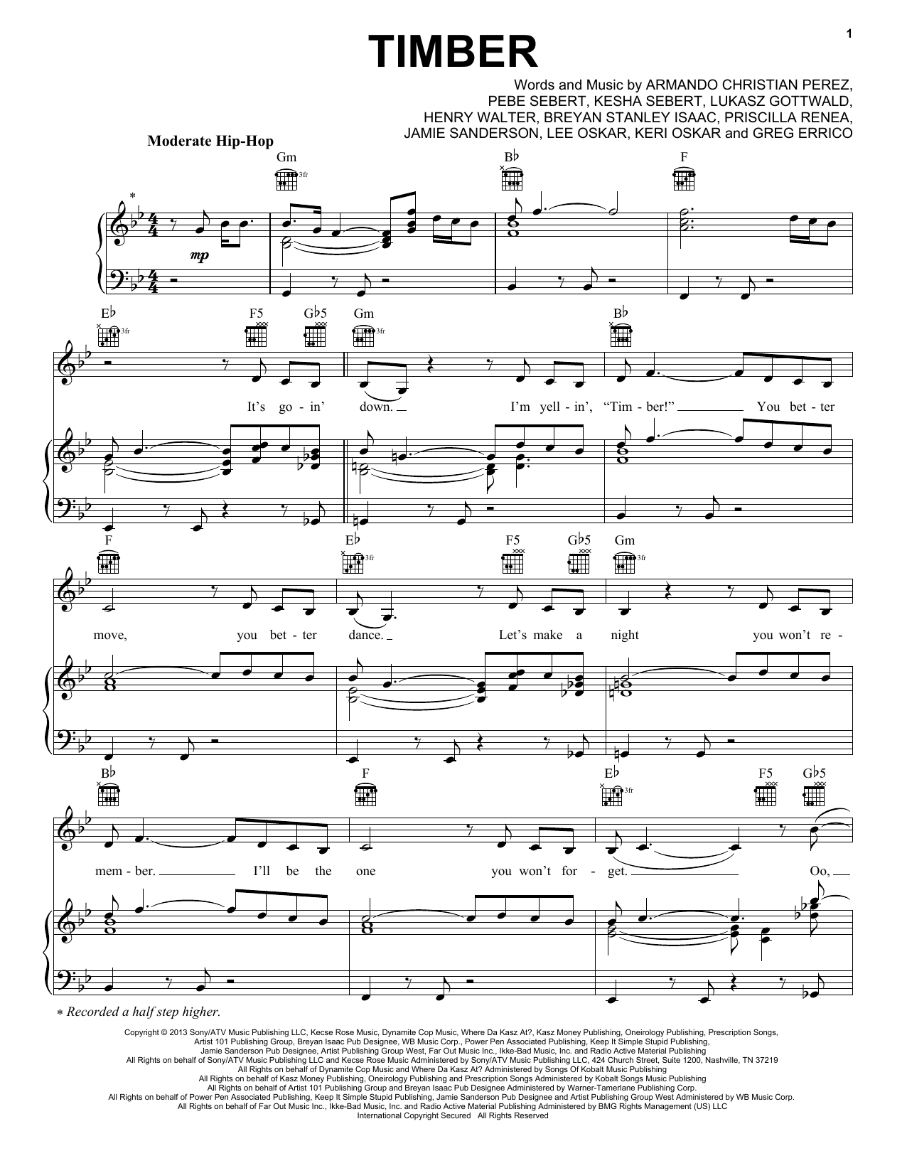 Pitbull Featuring Ke$ha Timber sheet music notes and chords arranged for Piano, Vocal & Guitar Chords (Right-Hand Melody)