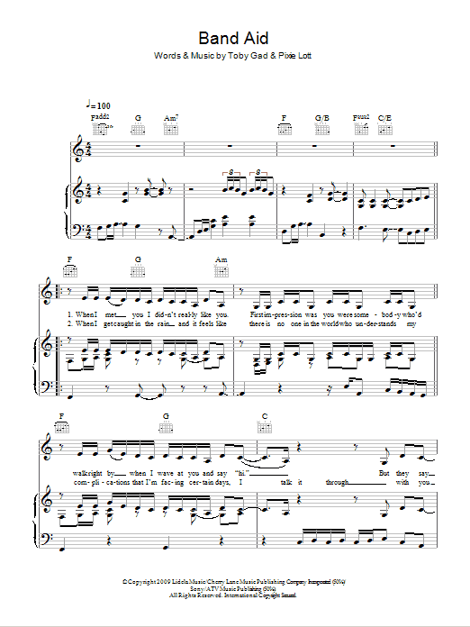 Pixie Lott Band Aid sheet music notes and chords arranged for Piano, Vocal & Guitar Chords