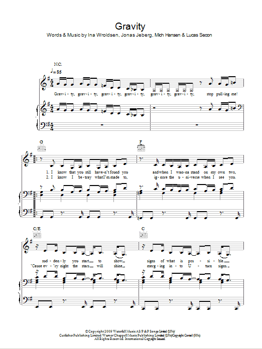 Pixie Lott Gravity sheet music notes and chords arranged for Piano, Vocal & Guitar Chords