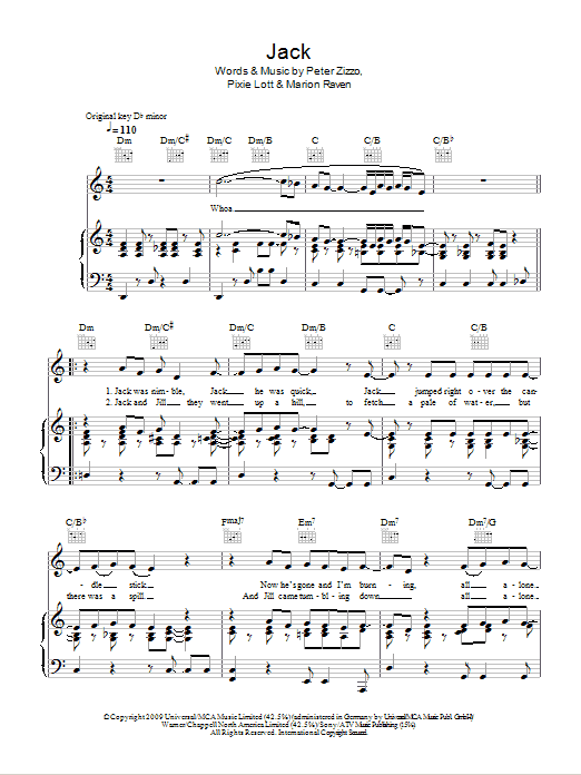 Pixie Lott Jack sheet music notes and chords arranged for Piano, Vocal & Guitar Chords