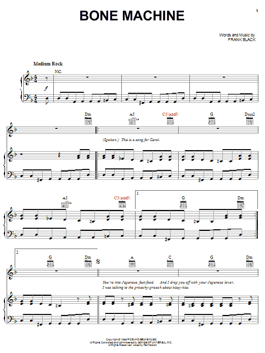 Pixies Bone Machine sheet music notes and chords arranged for Piano, Vocal & Guitar Chords (Right-Hand Melody)
