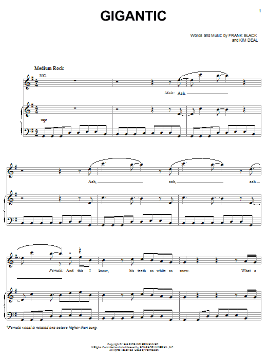Pixies Gigantic sheet music notes and chords arranged for Piano, Vocal & Guitar Chords (Right-Hand Melody)
