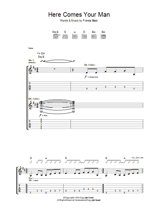 Pixies Here Comes Your Man sheet music notes and chords arranged for Guitar Tab