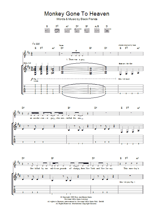 Pixies Monkey Gone To Heaven sheet music notes and chords arranged for Piano, Vocal & Guitar Chords (Right-Hand Melody)