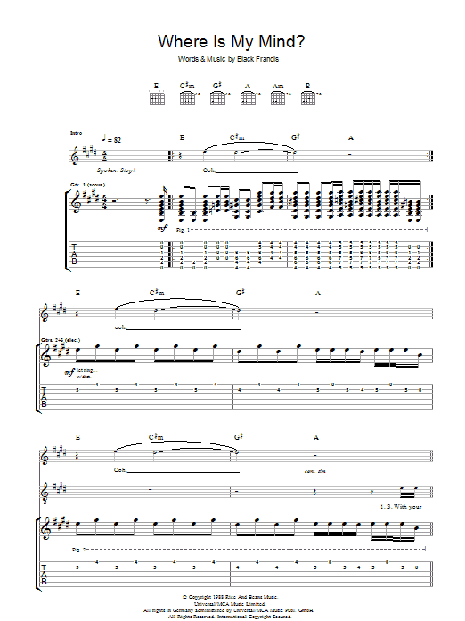 Pixies Where Is My Mind? sheet music notes and chords arranged for Guitar Lead Sheet