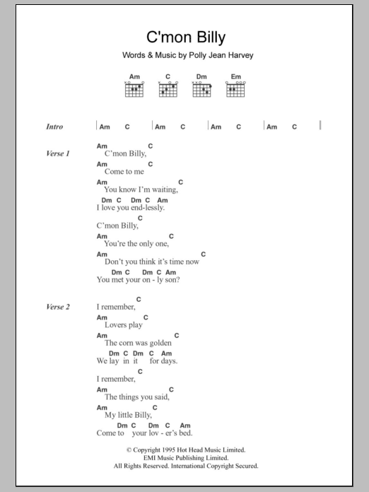 PJ Harvey C'mon Billy sheet music notes and chords arranged for Guitar Chords/Lyrics