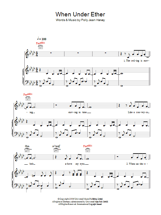 PJ Harvey When Under Ether sheet music notes and chords arranged for Piano, Vocal & Guitar Chords