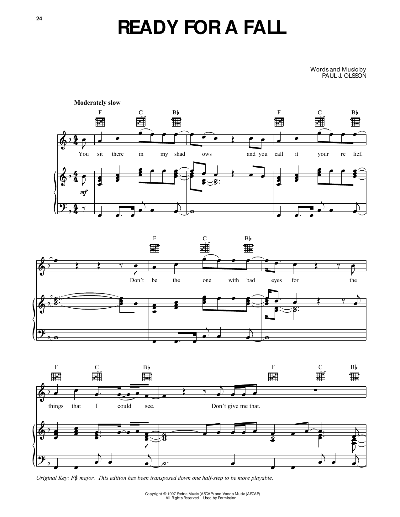 PJ Olsson Ready For A Fall (from Dawson's Creek) sheet music notes and chords arranged for Piano, Vocal & Guitar Chords (Right-Hand Melody)