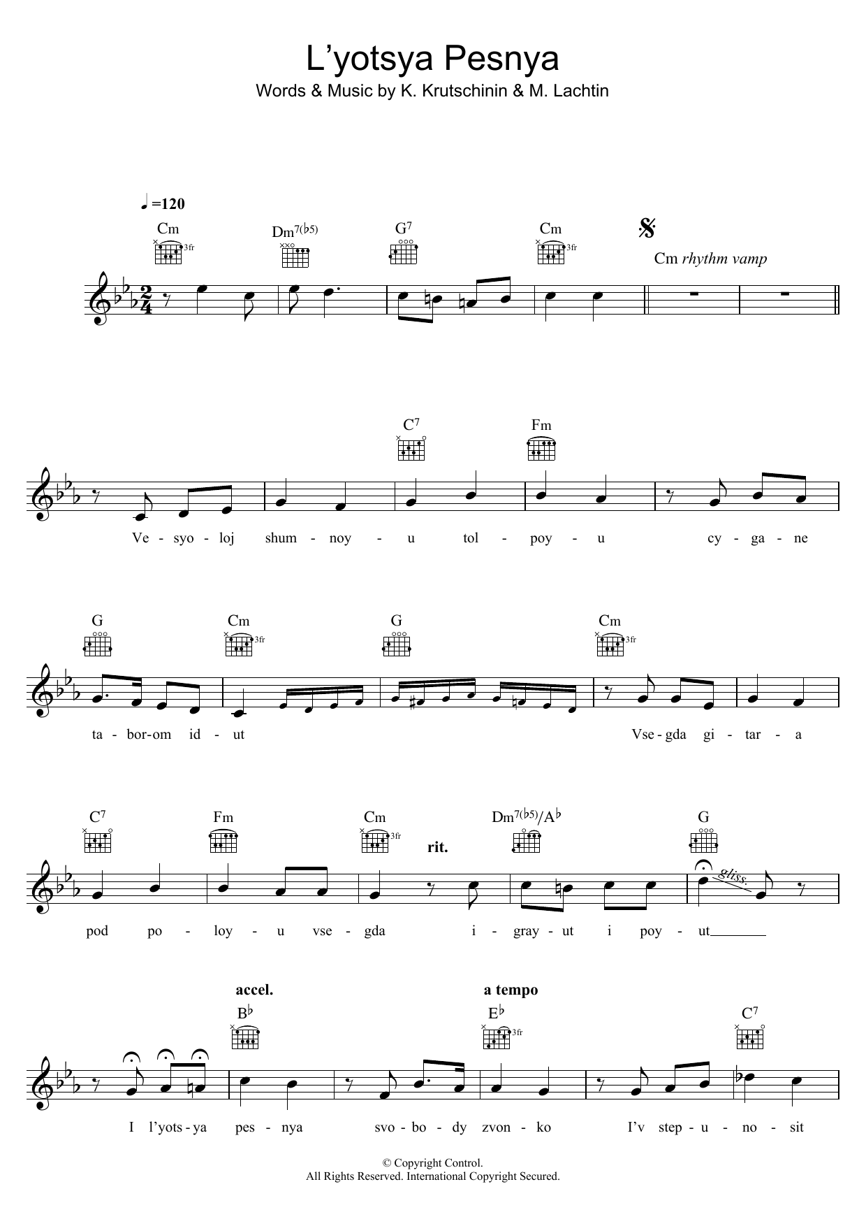 Pjotr Leschenko L'yotsya Pesnya sheet music notes and chords arranged for Lead Sheet / Fake Book