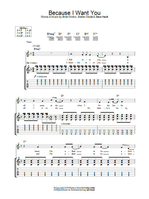 Placebo Because I Want You sheet music notes and chords arranged for Guitar Tab