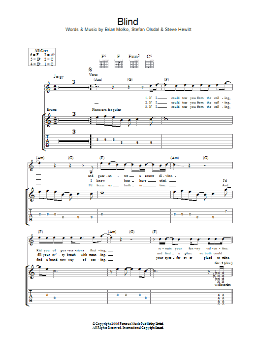 Placebo Blind sheet music notes and chords arranged for Guitar Tab