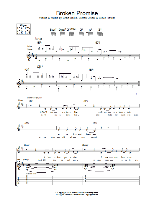 Placebo Broken Promise sheet music notes and chords arranged for Guitar Tab