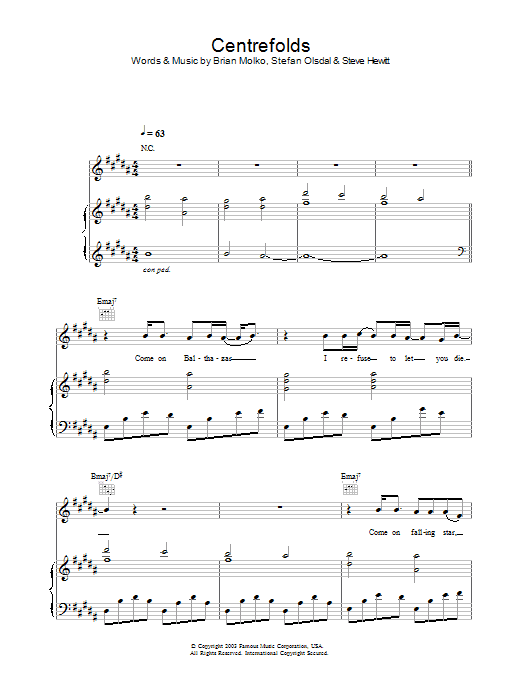 Placebo Centrefolds sheet music notes and chords arranged for Piano, Vocal & Guitar Chords