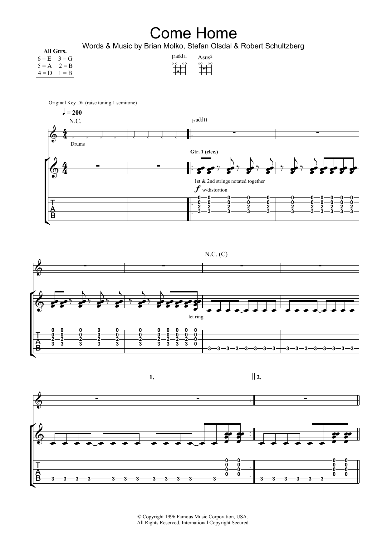 Placebo Come Home sheet music notes and chords arranged for Guitar Tab