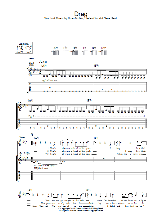 Placebo Drag sheet music notes and chords arranged for Guitar Tab
