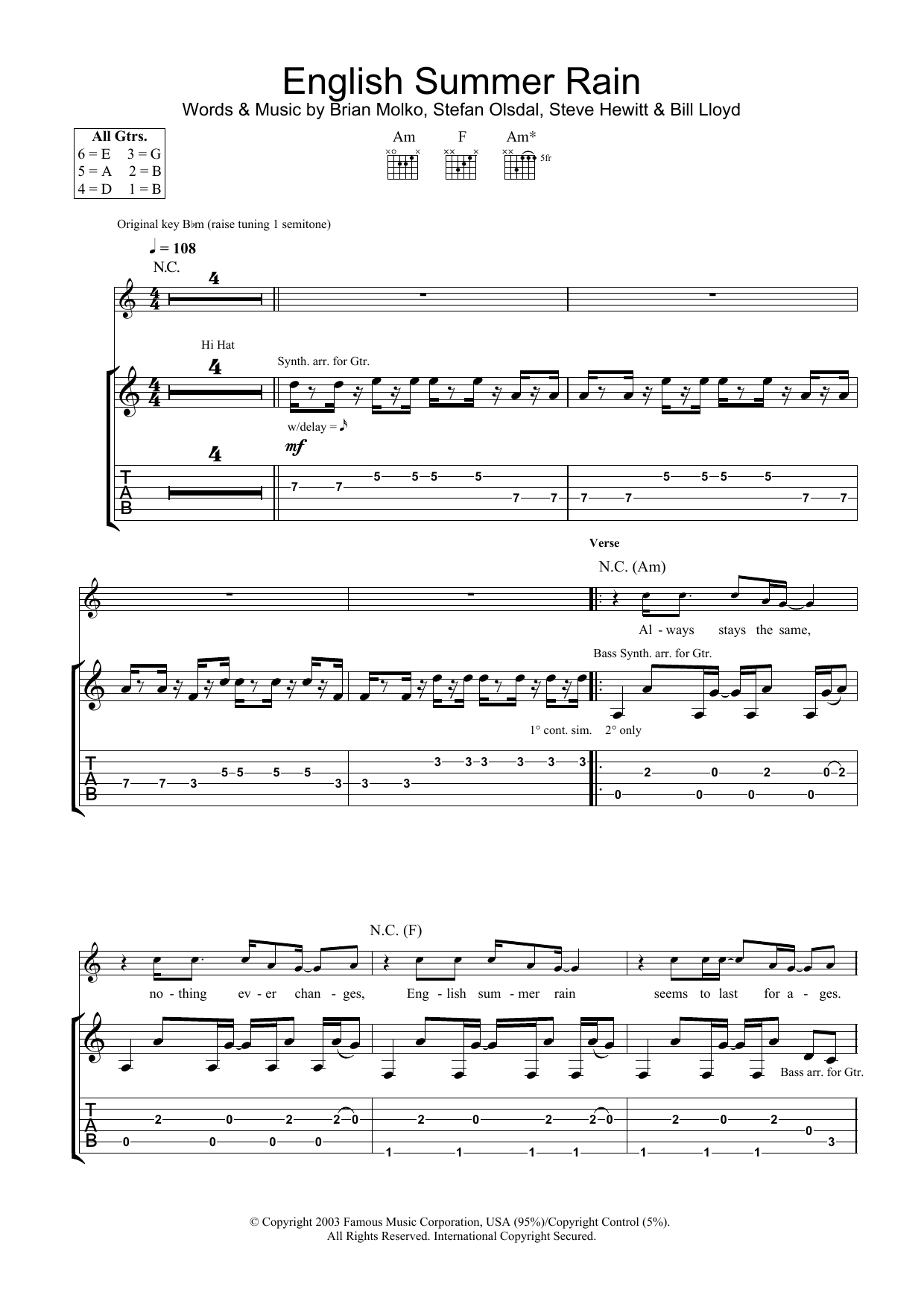 Placebo English Summer Rain sheet music notes and chords arranged for Guitar Tab