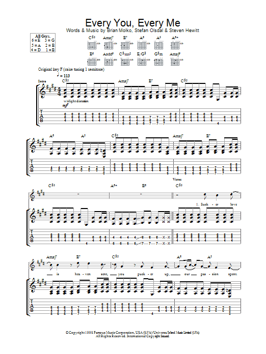 Placebo Every You Every Me sheet music notes and chords arranged for Guitar Tab