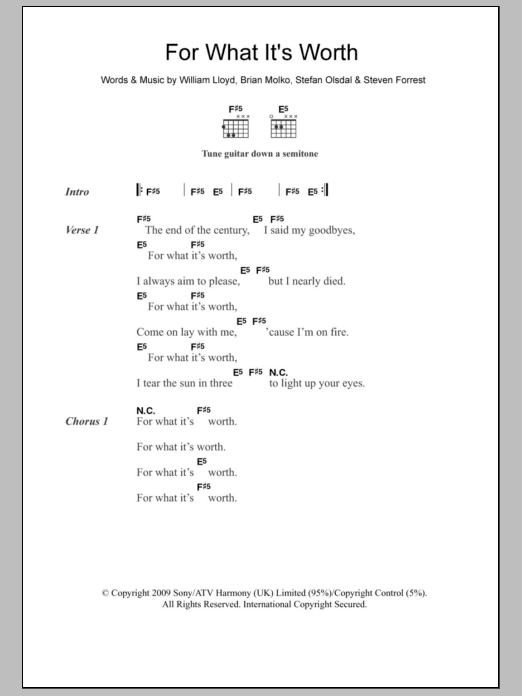Placebo For What It's Worth sheet music notes and chords arranged for Guitar Chords/Lyrics