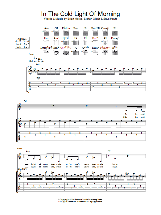 Placebo In The Cold Light Of Morning sheet music notes and chords arranged for Guitar Tab