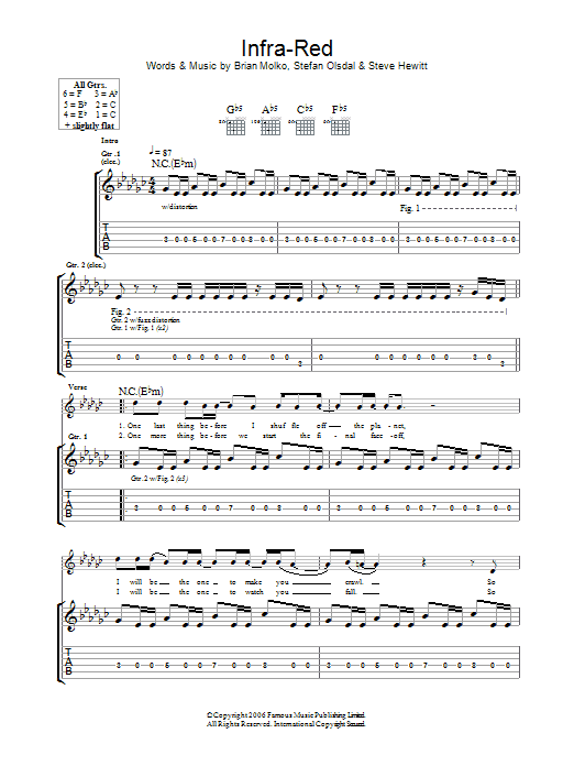 Placebo Infra-Red sheet music notes and chords arranged for Guitar Tab