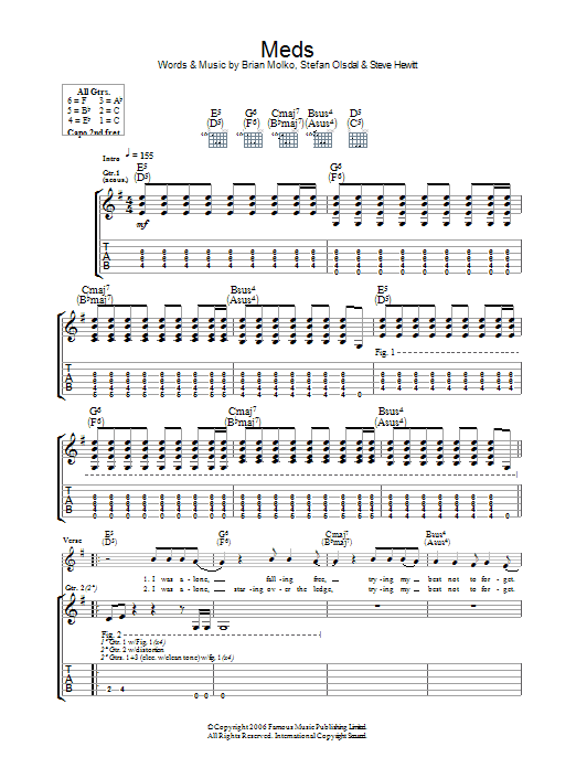 Placebo Meds sheet music notes and chords arranged for Guitar Tab
