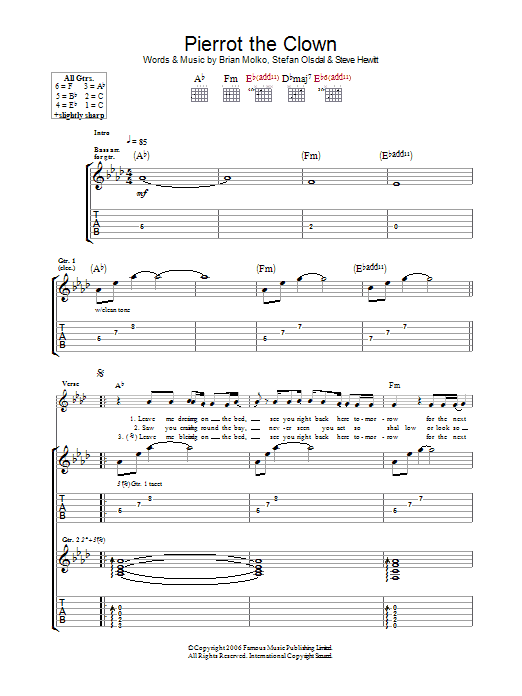 Placebo Pierrot The Clown sheet music notes and chords arranged for Guitar Tab