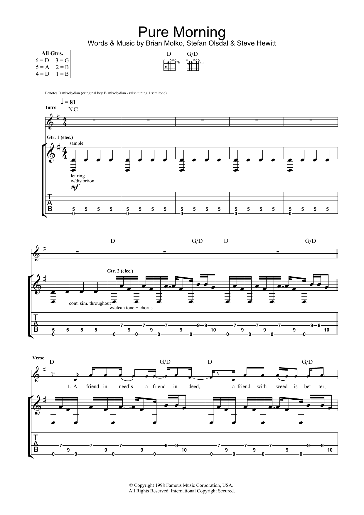 Placebo Pure Morning sheet music notes and chords arranged for Guitar Tab