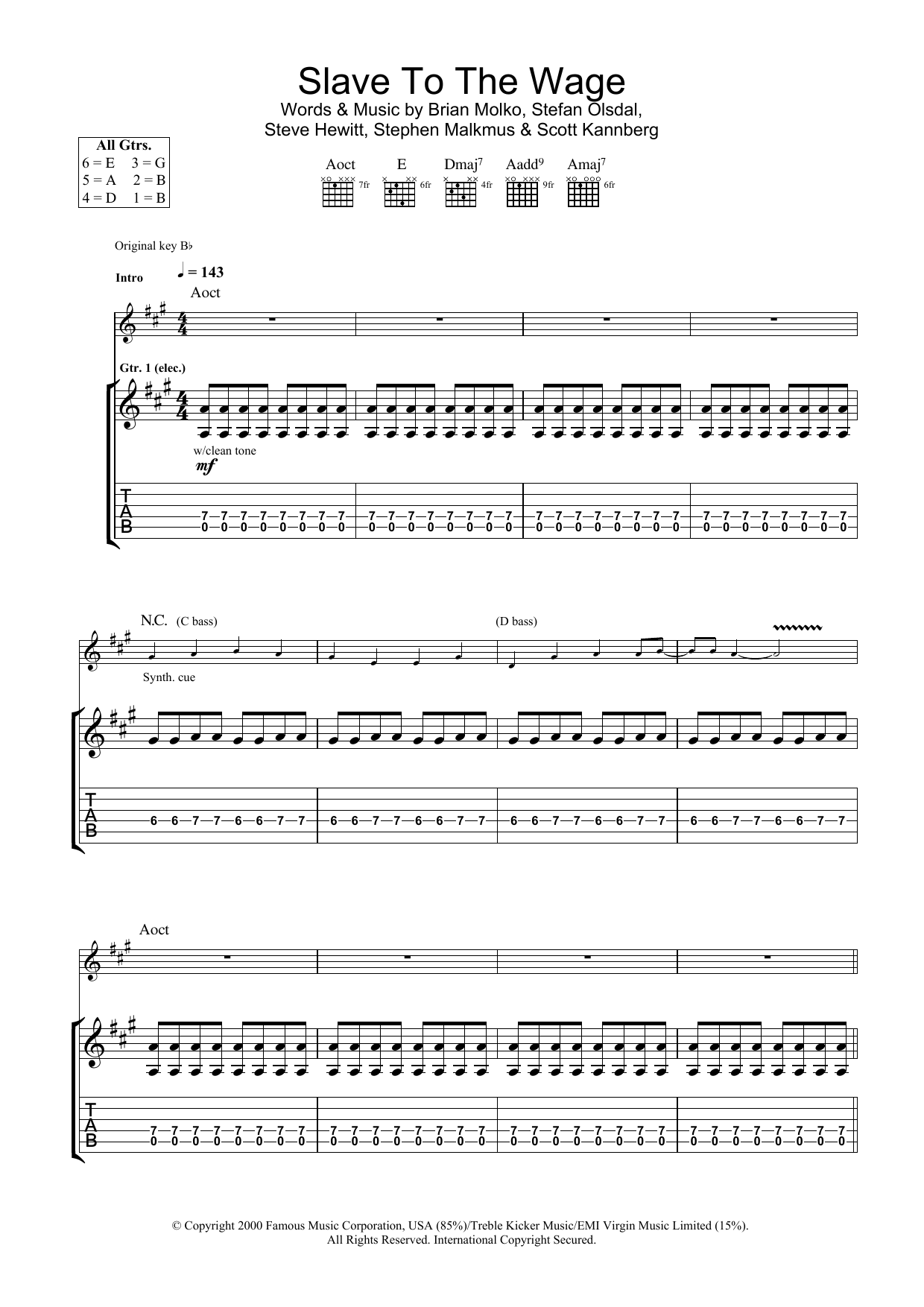 Placebo Slave To The Wage sheet music notes and chords arranged for Guitar Tab